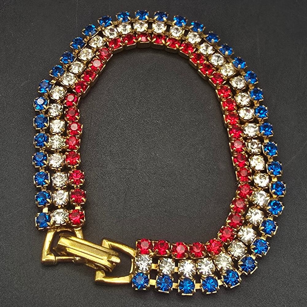 Red White Blue Rhinestone Bracelet Vintage Jewelry Patriotic Fourth of July